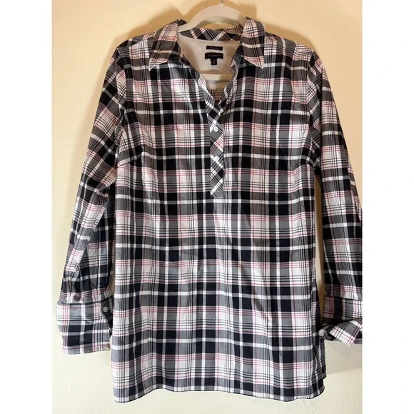 Talbots Womens White Black Red Plaid Tunic Shirt Wrinkle Resistant Size 12 - Picture 6 of 6